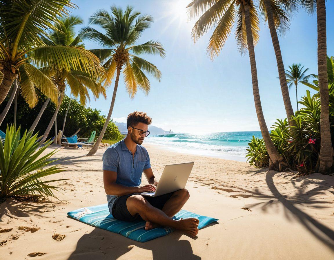 A vibrant scene depicting a digital nomad sitting at a laptop on a beach, with surfboards and exotic palm trees in the background. Surrounding the laptop are glowing icons representing exclusive deals and blogging success, like discounts, awards, and traffic spikes. The atmosphere is bright and sunny, evoking a sense of adventure and opportunity. super-realistic. vibrant colors. beach setting.