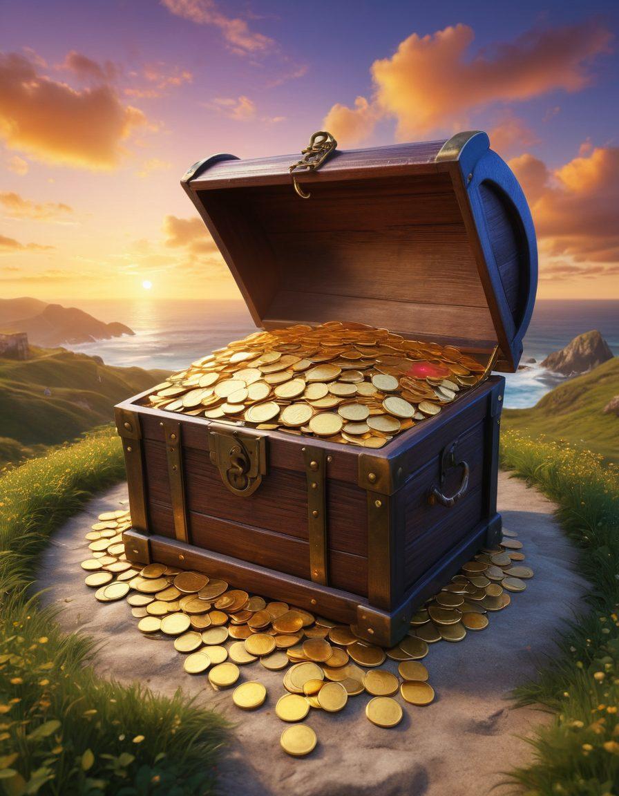 An open treasure chest overflowing with golden coins and glowing keys symbolizing blogging secrets, surrounded by vibrant discount tags creatively flying around. In the background, a beautiful digital landscape depicting a pathway leading to a bright horizon, suggesting success and opportunity. super-realistic. vibrant colors. 3D.